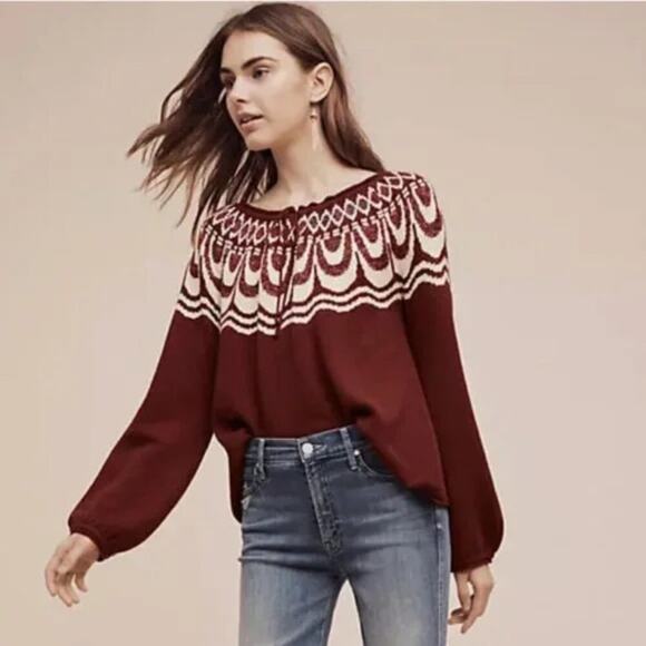 Anthropologie Field Flower Red and White Sweater - Picture 1 of 10